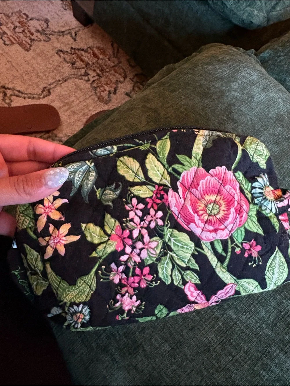 Vera Bradley Black Floral Quilted Cosmetic Pouch with Pink & Green Accents